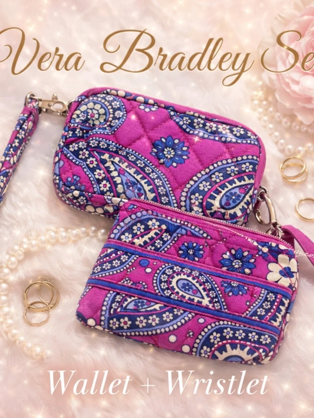 Vera Bradley Pink Paisley Coin Purse & Matching Zip ID Case Set with Wristlet
